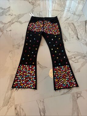 Black Embellished Women's Jeans with Multicolor Gems